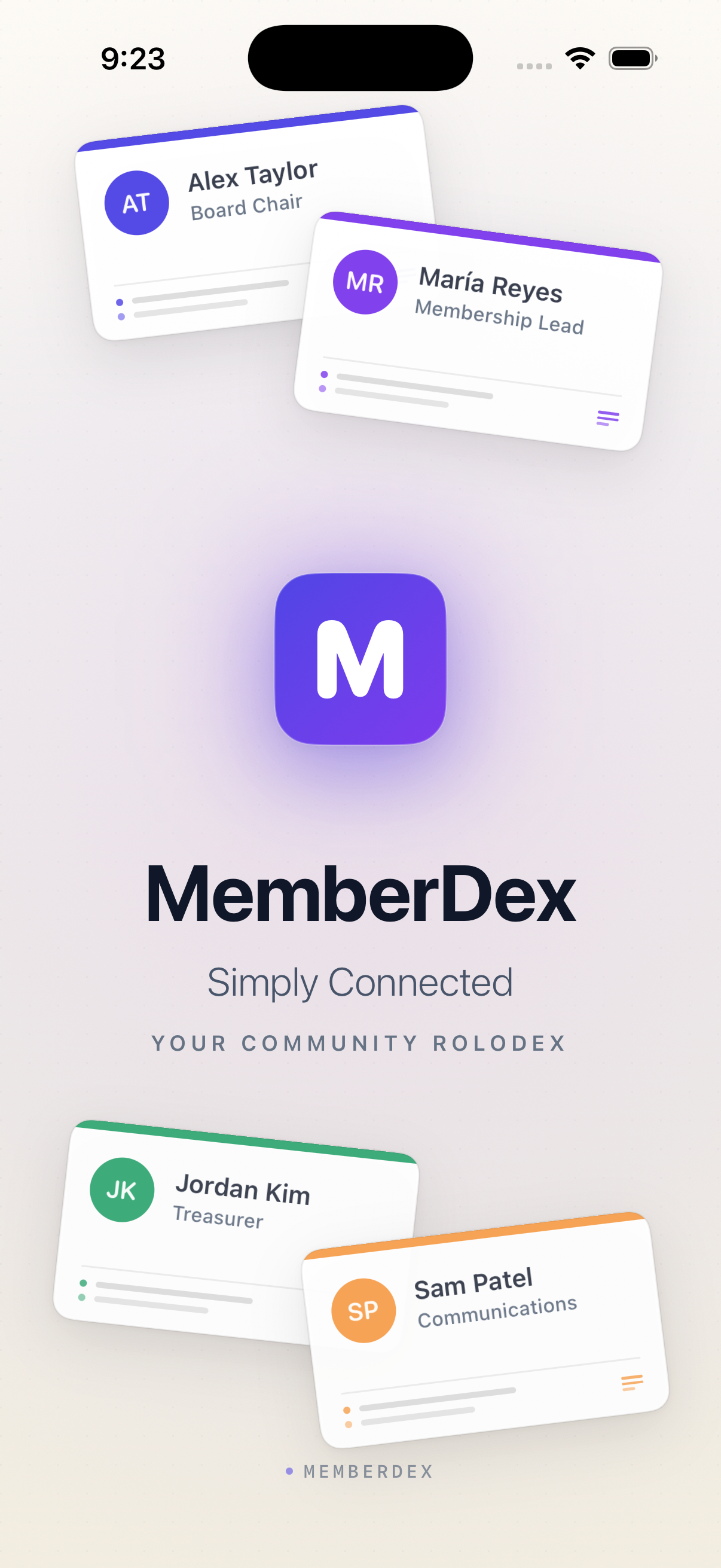 MemberDex iOS launch screen with floating member cards and the M brand mark